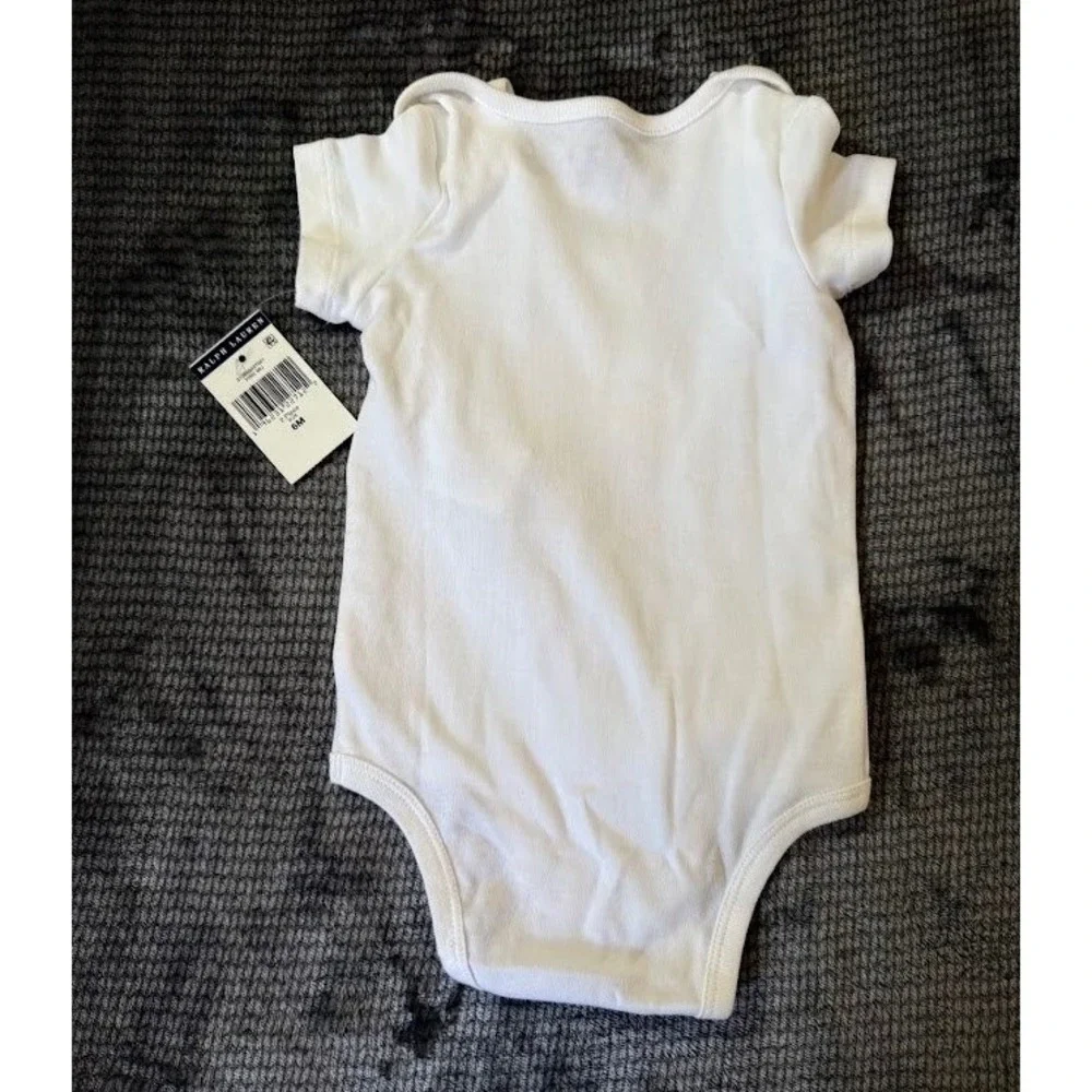 Ralph Lauren Polo Bear White Cotton Bodysuit 6M Short Sleeve Pink Sweater Bear